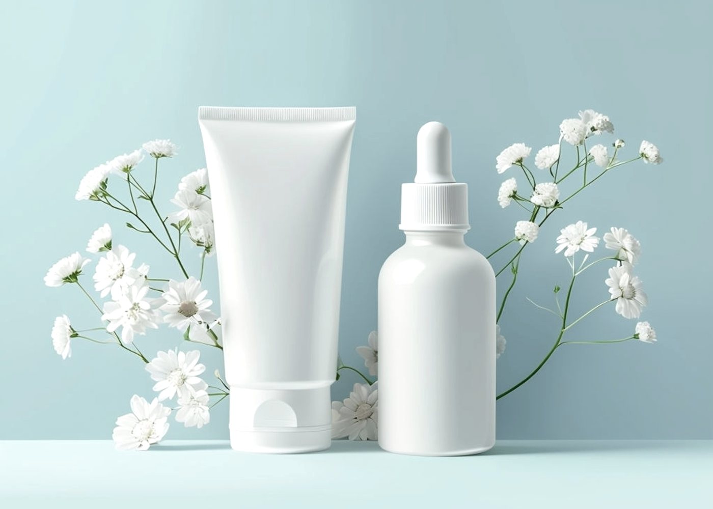 Clean skincare products with white flowers