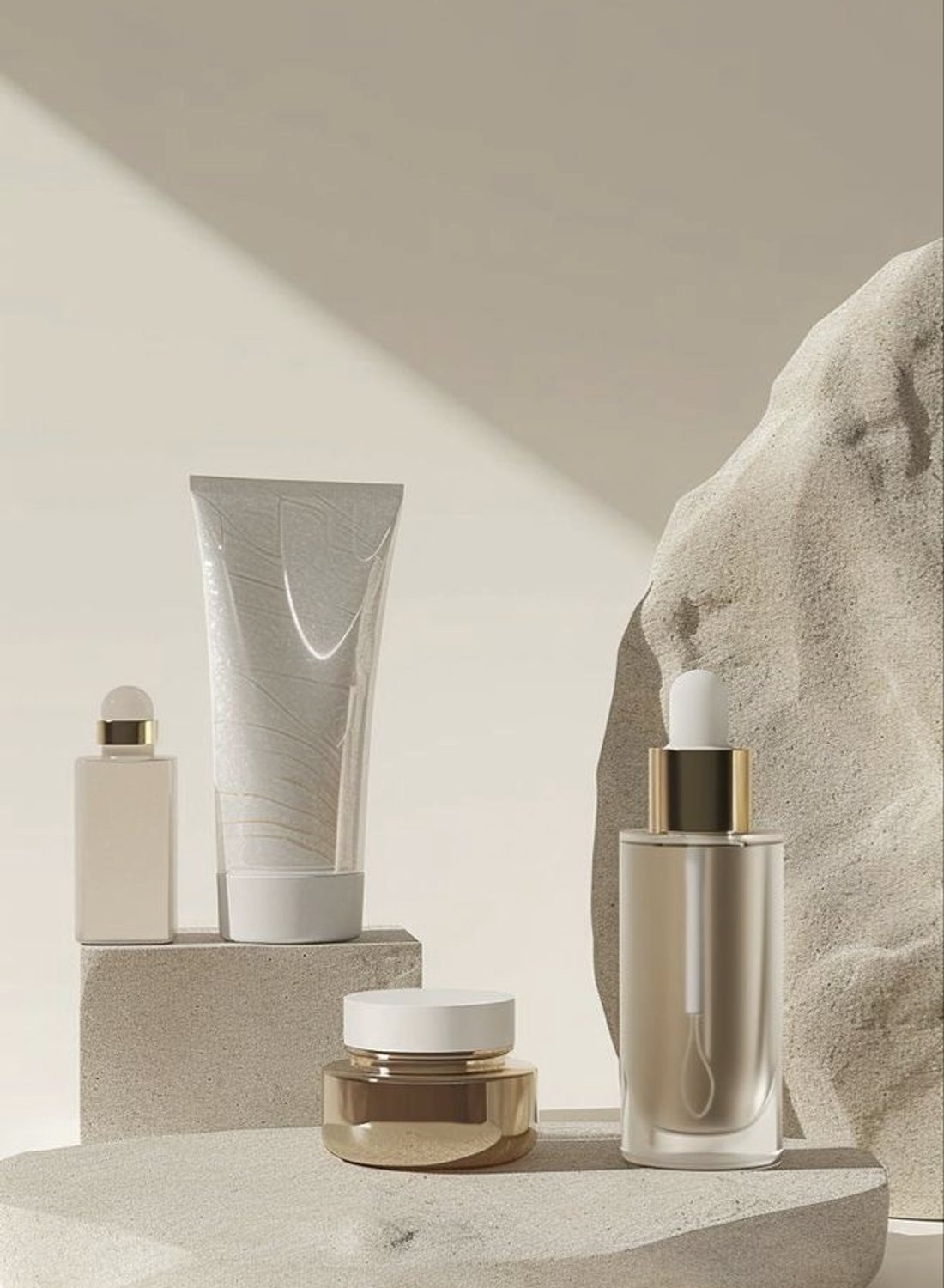 Elegant skincare bottles and creams