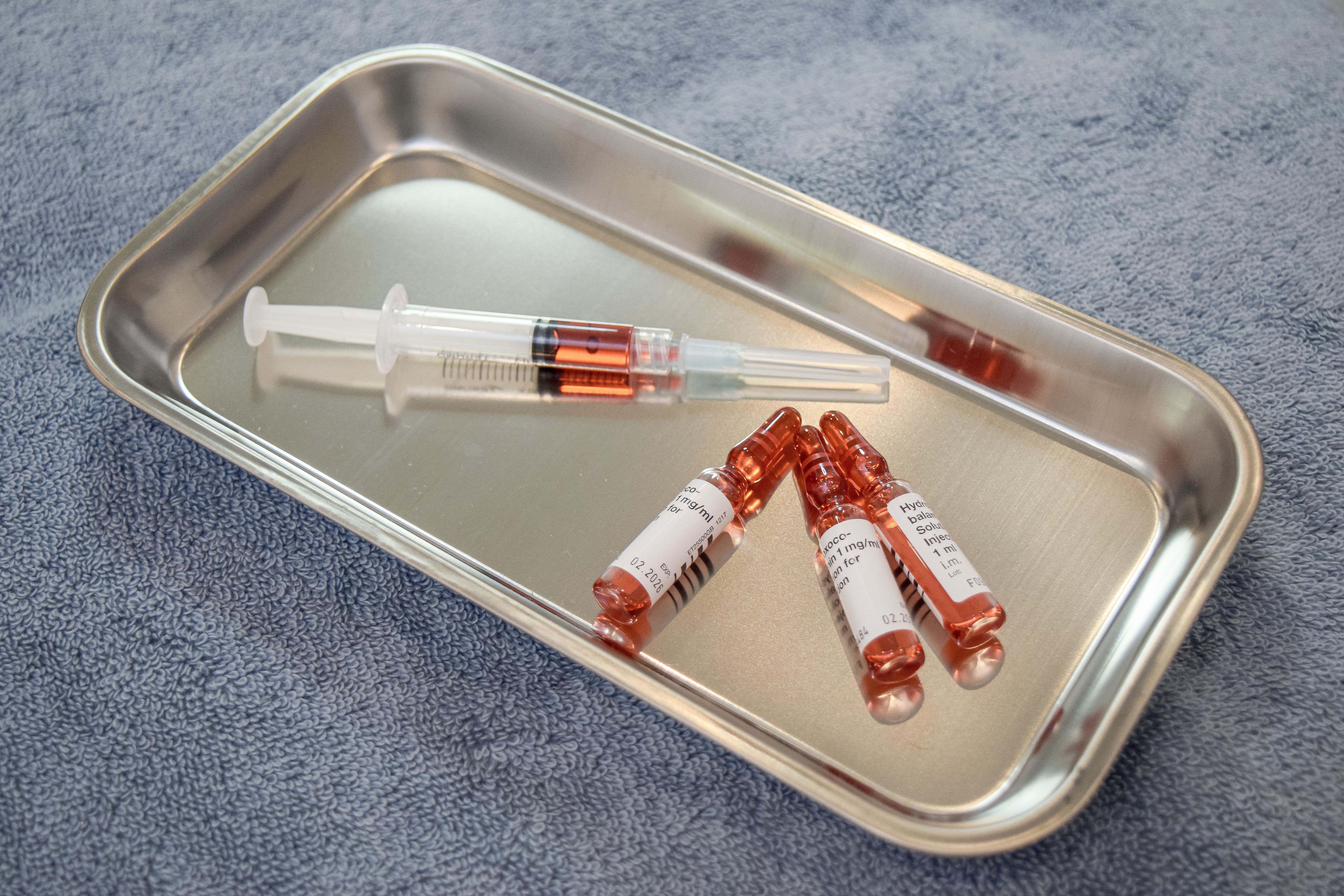 Prepared injectable products on a clinical tray